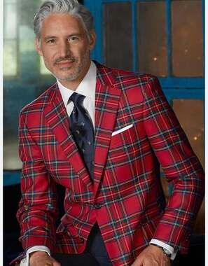 Paul Fredrick Red Black Plaid Wool Tailored Fit Notch Lapel Sport Coat